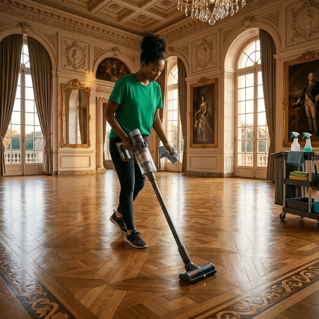 Woman vacuuming crumbs from patterned rug in living room