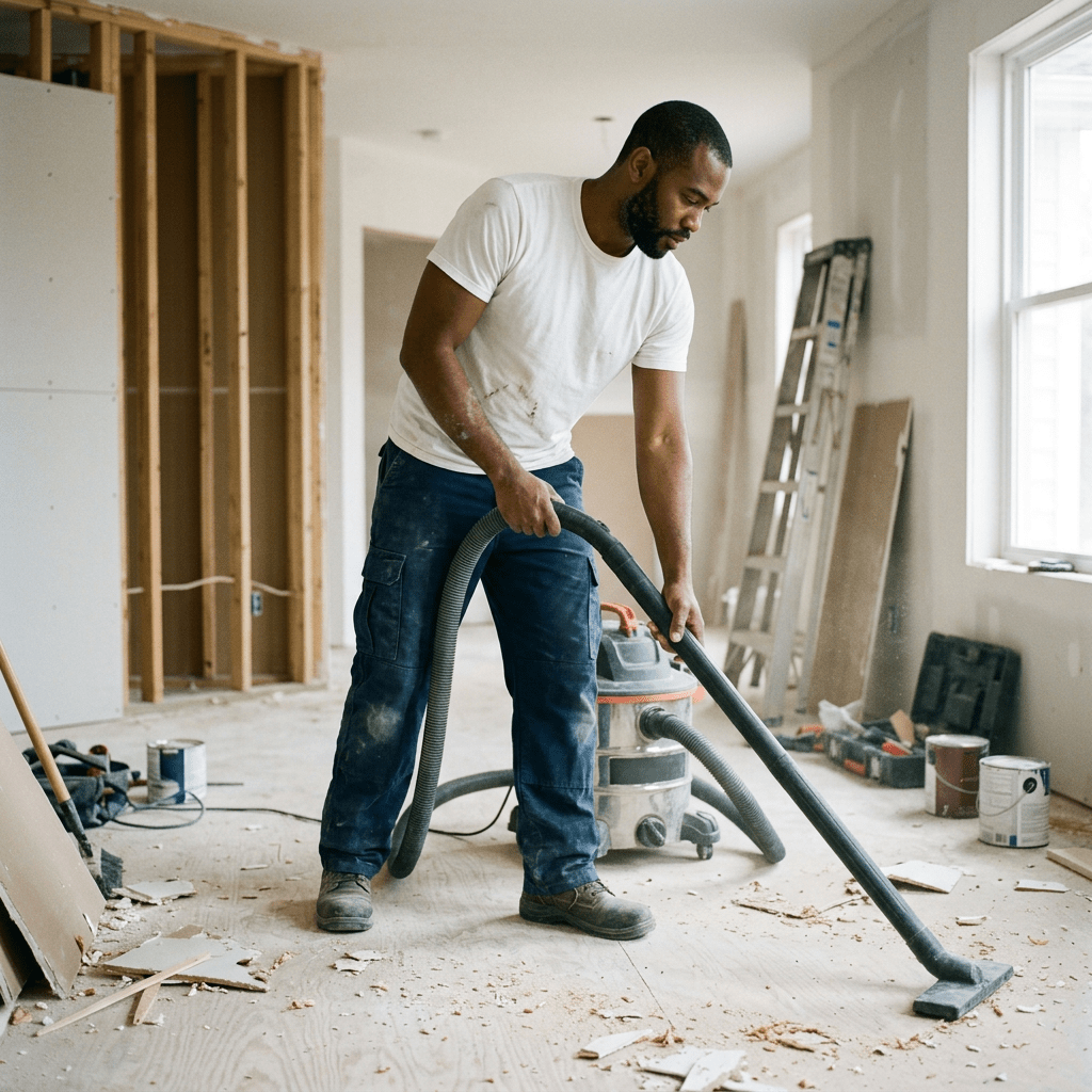 Worker vacuuming construction debris on floor inside unfinished room