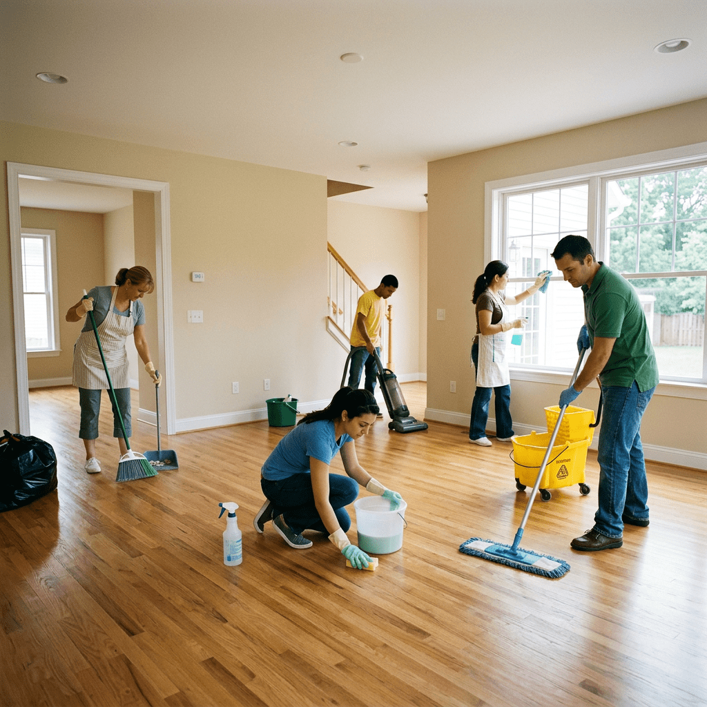 Five people cleaning a hardwood floor room using broom, mop, vacuum, and window cleaner